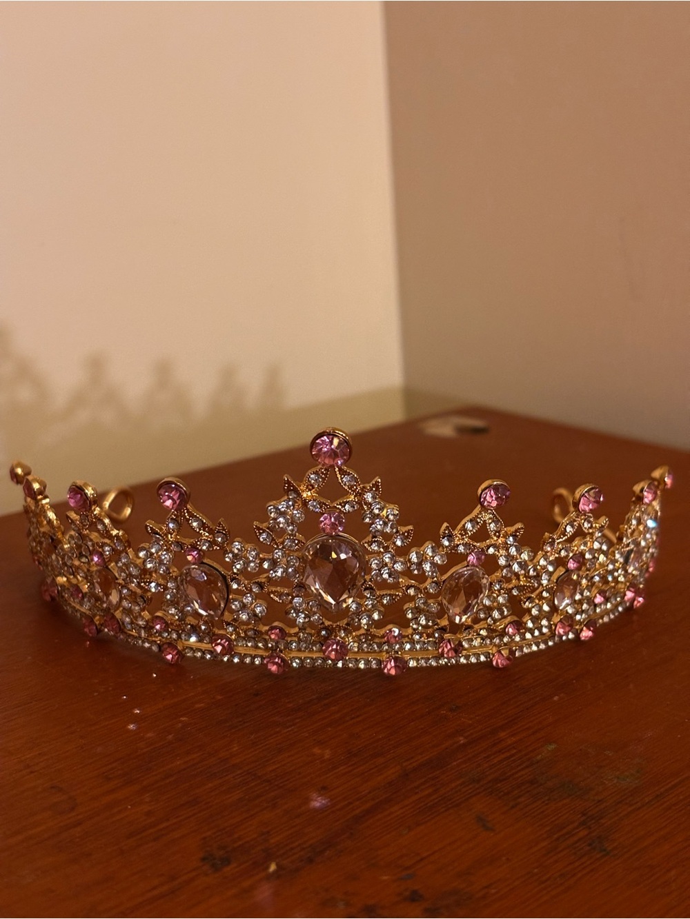 Gold and Pink Crystal Tiara Crown - Elegant Women's Accessory